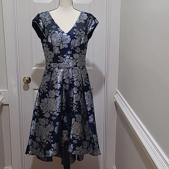 David's Bridal Navy and Silver Floral Fit-and-Flare Dress - Picture 1 of 7